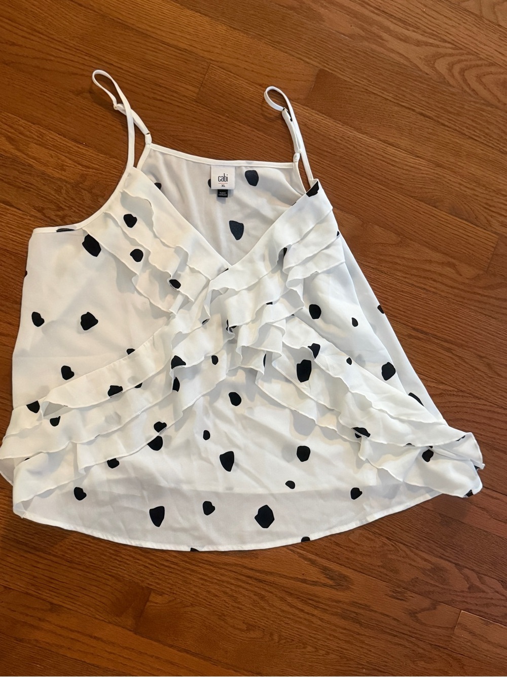 CAbi XL White Camisole with Black Polka Dot Ruffles
